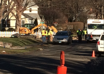 Crews work on the ruptured gas main at the intersection of Abbey Road and Intervale Road.