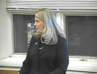 First Selectman Jayme Stevenson presenting the selectmen's budget to the Board of Finance (image from Darien TV79)