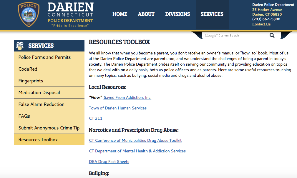 Resources Tool Box web page Darien Police Department 9-14-16