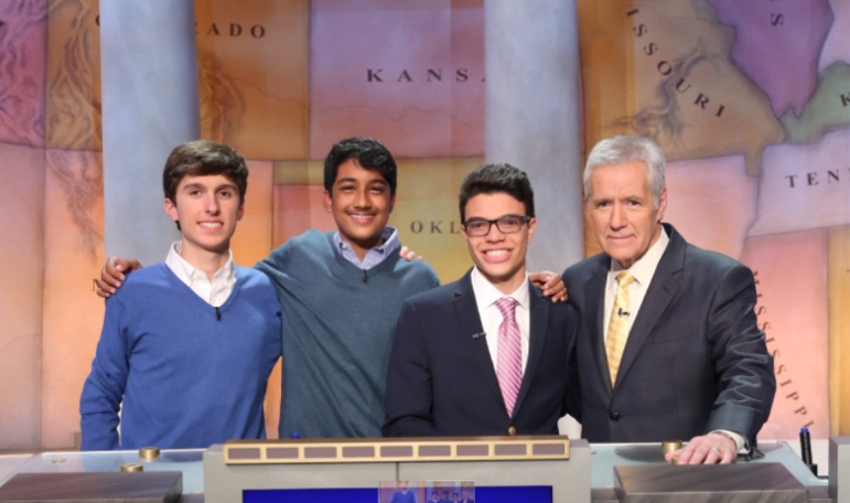 Jeopardy! finalists, with Alex Trebek on the set of the game show (contributed photo)