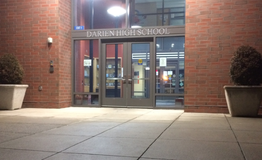Darien High School Entrance at Night 02-13-17