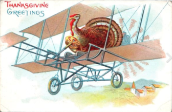 Turkey on a biplane for Thanksgiving postcard 1912