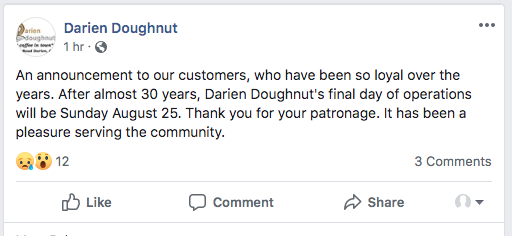 Darien Doughnuts Facebook closing announcement 7-29-19