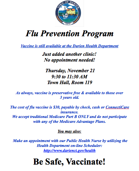 Flu Clinic Poster Darien Health Department Nov 2019
