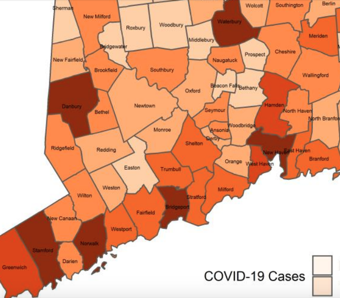 SW CT COVID-19 confirmed cases by municipality April 26, 2020