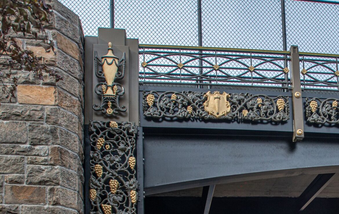 Lake Avenue Bridge Greenwich over Merritt Parkway black and gold metalwork restored