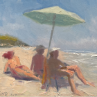 Steve Cosentino, "Beach Series" (Green umbrella Threesome), Oil on Board, 5x7", $300