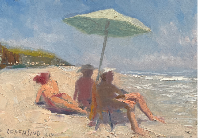 Steve Cosentino, "Beach Series" (Green umbrella Threesome), Oil on Board, 5x7", $300