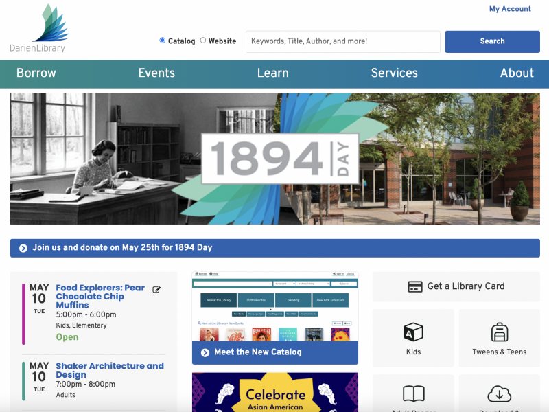 Darien Library website homepage May 10 2022