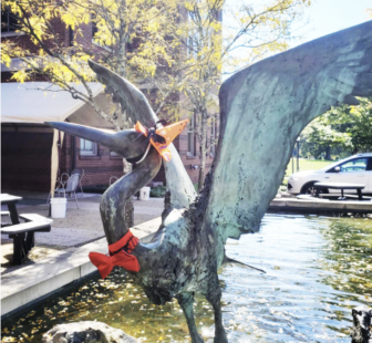 Pre Halloween Darien Library fountain heron statue