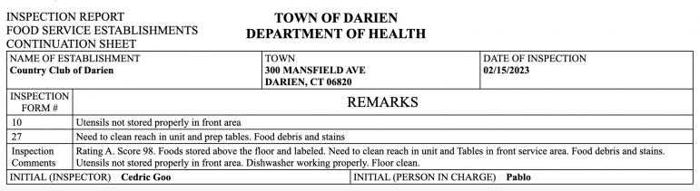 Country Club of Darien health inspection